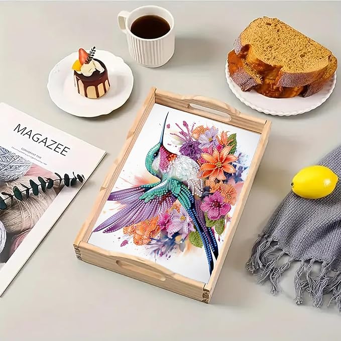 DoxQcs DIY Diamond Art Wooden Tray Kit Easter Food Tray with Handle Diamond Painted Table Decoration Tray for Breakfast Bar Dinner Table Diamond Art Painting for Beginners-#08-Hummingbird