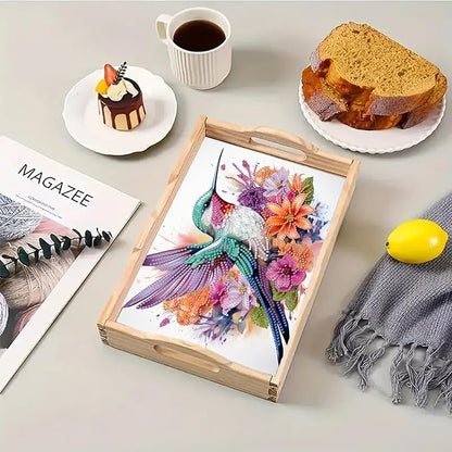 DoxQcs DIY Diamond Art Wooden Tray Kit Easter Food Tray with Handle Diamond Painted Table Decoration Tray for Breakfast Bar Dinner Table Diamond Art Painting for Beginners-#08-Hummingbird