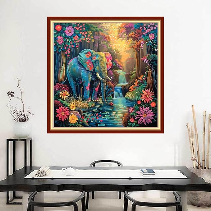 Joyhoor Stamped Cross Stitch Kits for Beginners Needlepoint Kits for Adults Embroidery Kits 11CT Counted Cross Stitch Kits Printed Embroidery Pattern-Forest Elephant 18x18 inchs