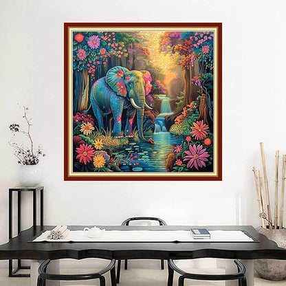 Joyhoor Stamped Cross Stitch Kits for Beginners Needlepoint Kits for Adults Embroidery Kits 11CT Counted Cross Stitch Kits Printed Embroidery Pattern-Forest Elephant 18x18 inchs