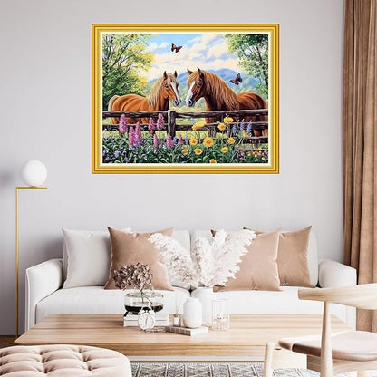 Fanxvivy Stamped Cross Stitch Kits for Beginners Full Range of Cross Stitching Preprinted Embroidery Kits for Adults, 11CT Embroidery Pattern Needlepoint Kits-Couple Horse 16x20 inch