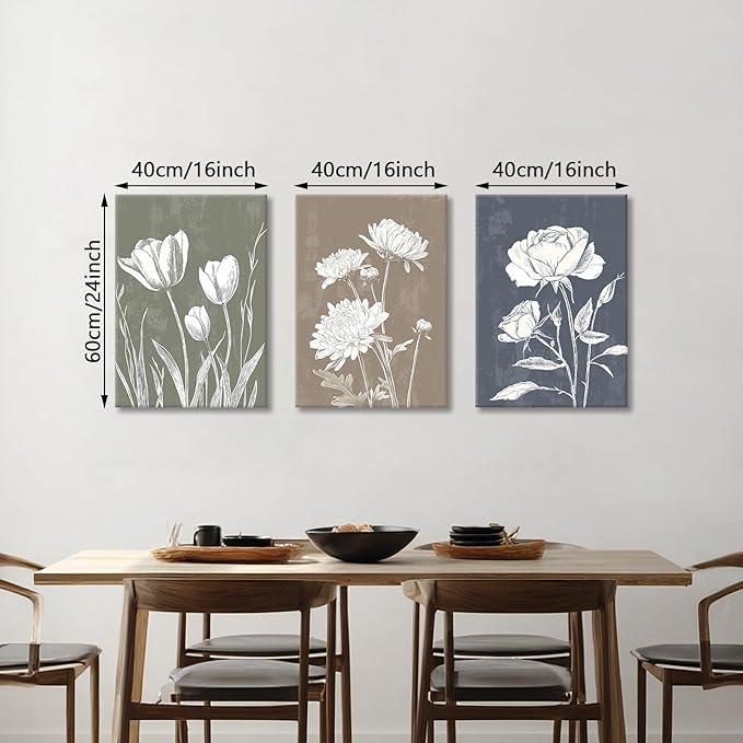 3 Pcs Boho White Flowers Botanical Canvas Wall Art Wooden Rustic Minimalist Farmhouse Floral Wall Paintings Vintage Blossom Picture Artwork Wall Decor for Bedroom Living Room Reay to Hang 16"x24"x3