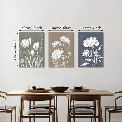 3 Pcs Boho White Flowers Botanical Canvas Wall Art Wooden Rustic Minimalist Farmhouse Floral Wall Paintings Vintage Blossom Picture Artwork Wall Decor for Bedroom Living Room Reay to Hang 16"x24"x3