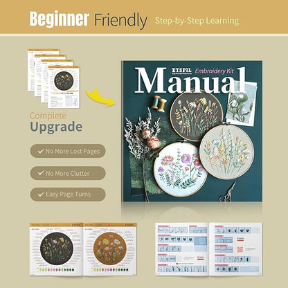 ETSPIL Embroidery Kit for Adults & Teens, 4-Pack Floral Samplers, 2 Adjustable Hoops, Pre-Printed Fabric, 17 Vibrant Threads, 16 Needles, Beginner-Friendly Stitch Guide & Video, DIY Craft Gift