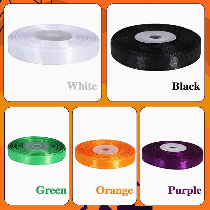 TONIFUL 5 Rolls Halloween Satin Ribbon - 3/8 Inch x 25 Yards Ribbon Set for Spooky Crafts, Costume Decor, Gift Wrapping,Bows Making, Home & Party Decoration (Purple, Orange, White, Black, Lime Green)