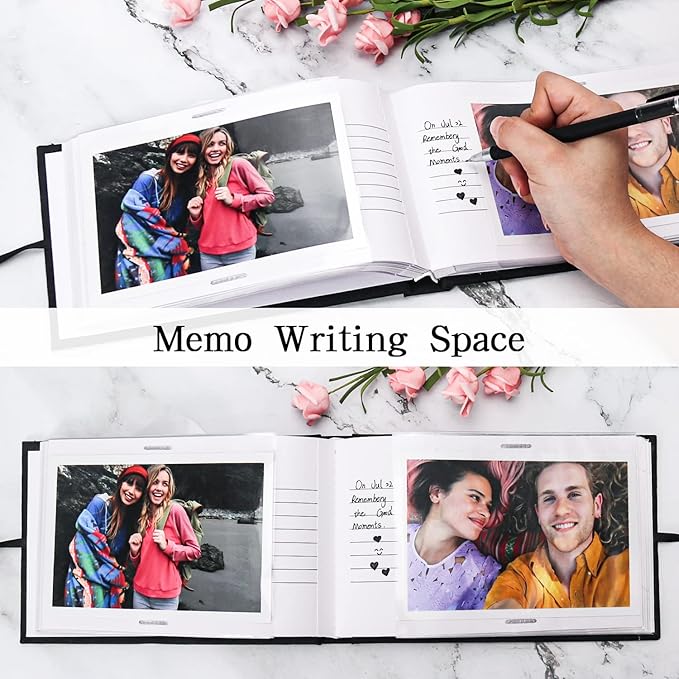 Vienrose Photo Album 4x6 50 Pockets Linen Frame Cover with Memo Areas Photobook Mini Slip-in Picture Book for Wedding Baby Vacation, Blue