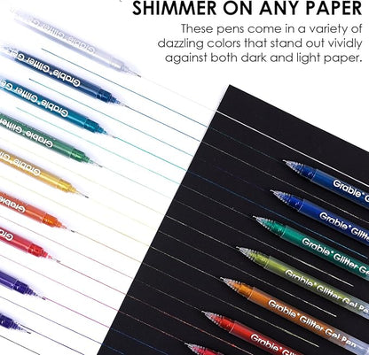 Grabie Jumbo Glitter Gel Ink Pen Set Of 18, Metallic Vibrant Sparkle Gel Pens for Coloring, Sparkle Markers, Glitter Pens for Adults (18 Colors Jumbo Gel Pens)