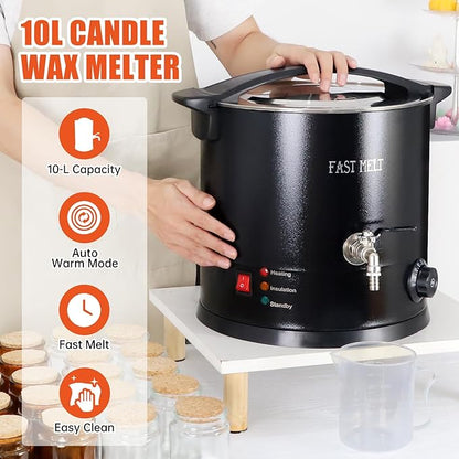 FAST MELT 10L Electric Wax Melter Kit for Candle Making, 30-110 ℃ Digital Temp Control, Easy-Pour Spout, Heat Gun, Gloves & Measuring Cup, Professional Home Candle Business Starter Equipment