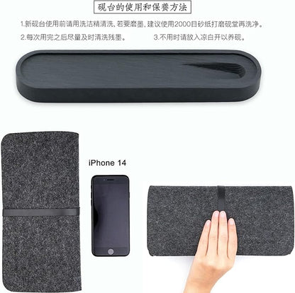 Qi Ming Wen Fang Professional Chinese Calligraphy Set Small Regular, Extra fine Calligraphy Brush, Weasel Hair Chinese Brush, Light-Glue Ink, Paper, Inkstone with Portable Roll-up Felt Mat (5pcs Set)