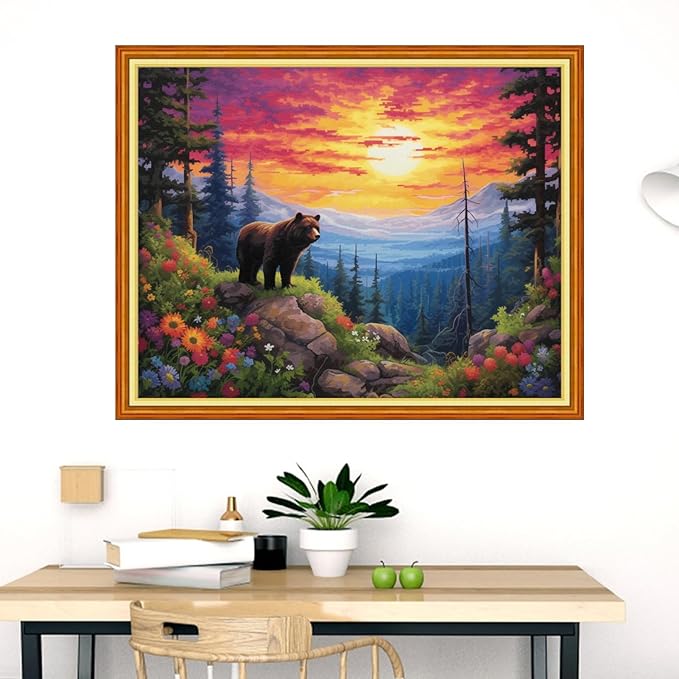 Dooxvey Cross Stitch Kits for Adults Stamped Full Range of Embroidery Starter Kits for Beginners 11CT Printed Cross Stitch Patterns Needlepoint Kits Stamped Crossstitch- Sunrise Bear 16x20 inch