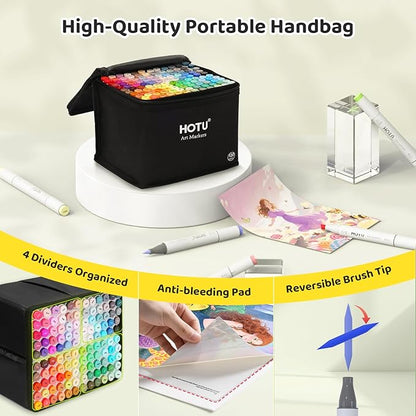 HOTU Alcohol Markers Brush Tip-120 Colors Dual Tip Art Markers for Adult Coloring, with Pro Ink, Seamless Blend, Non-Bleeding Pad & Color Card, Pens for Amateurs/Artists (Brush & Chisel Tip)