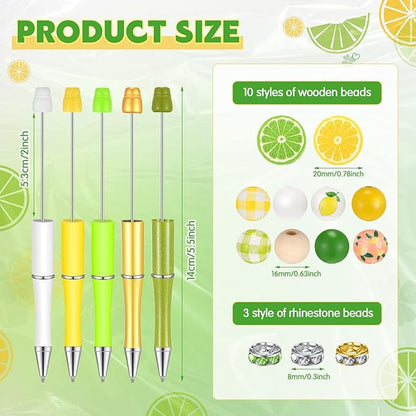 Geyee 12 Set Plastic Beadable Pens Assorted Bead Pens Crystal Wood Round Spacer Set Black Ink DIY Ballpoint for Women Men Gift Office Supplies(Lemon)