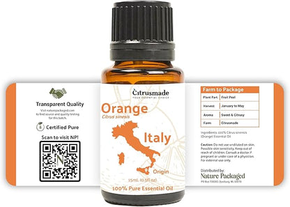 Nature Packaged Orange Essential Oil - Direct from Citrusmade in Sicily- Aceite de Naranja Dulce for Home Care, Skincare $ Aromatherapy - Premium Therapeutic Grade (15ml)
