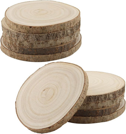 KINJOEK 10 PCS 7-8 Inch Large Natural Wood Slices with Bark, Unfinished Wooden Coasters Circles, Blank Round Wood Ornaments Slices Bulk for Centerpieces Craft Wedding Party Christmas Decor