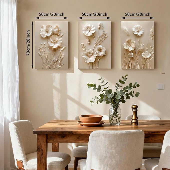 WENGTIAO 3Pcs Beige Flower Canvas Wall Art Prints Neutral Floral Plant Wall Painting Minimalist Botanical Blossom Poster Picture Vintage Artwork Home Decor for Living Room Bedroom Office 20”x28”x3Pcs