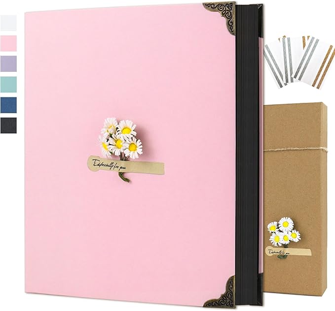 Scrapbook Album 8" x 10" DIY Scrapbook Photo Album Hardcover Kraft Paper 3 Rings Memory Book for Wedding, Anniversary, Travel, Family, Pink