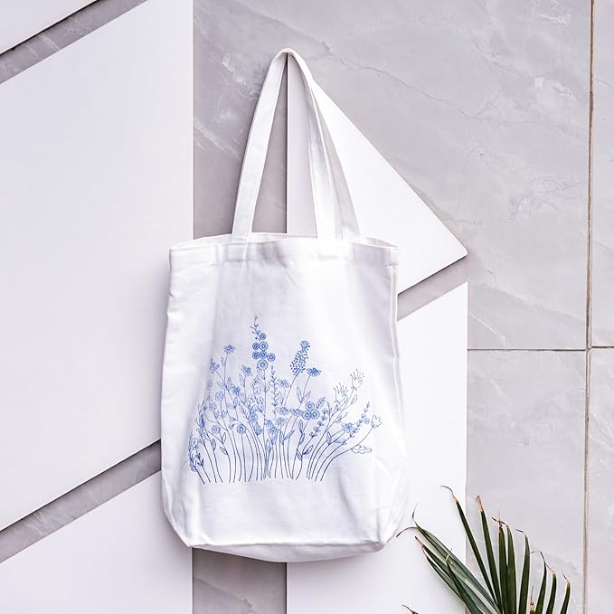Craftdady Canvas Tote Bag Embroidery Kit White Canvas Bag with Flower Patterns Instructions Embroidery Bag Embroidery Hoops Color Threads and Tool for DIY Beginners
