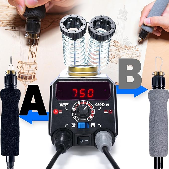 WEP 939D-VI Dual Pen Wood Burning Kit 250-750℃/482-1382℉ A/B Toggle Wood Burning Tool with 2 Detachable Pens, 20 Wood burner Tips, Dual-Barrel Holder. Suitable for Pyrography, Leather Burning Kit