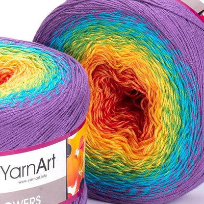 2 Skein/Pack Yarnart Flowers Gradient Yarn, Each Ball 8.8 Oz (250gr) / 1094 Yards (1000m), 55% Cotton 45% Acrylic, Superfine Fingering Weight for Knitting and Crochet, 277 - Purple Yellow Red
