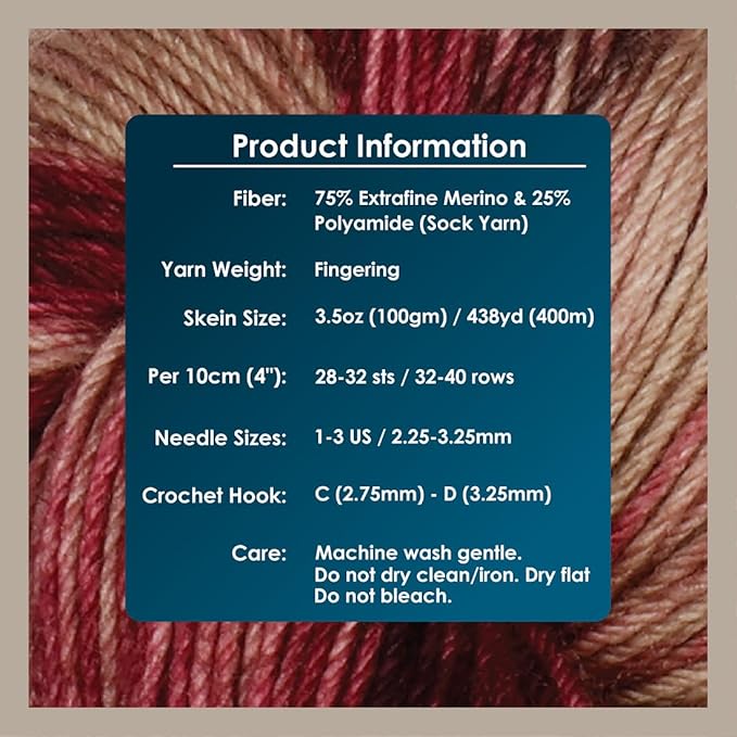 KnitPro Symfonie Hand Dyed Yarn | Extra Fine Merino Wool & Polyamide Blend for Knitting & Crocheting, Fingering Weight, Oeko-TEX Certified 400m, 100g Skein | Terra Variegated Cafe Rose