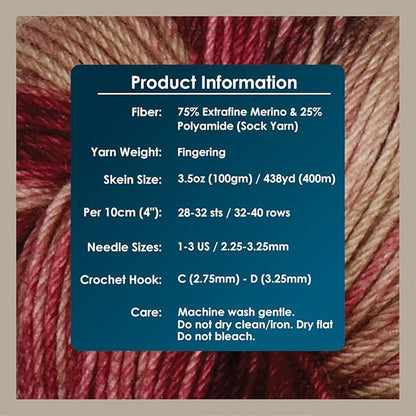 KnitPro Symfonie Hand Dyed Yarn | Extra Fine Merino Wool & Polyamide Blend for Knitting & Crocheting, Fingering Weight, Oeko-TEX Certified 400m, 100g Skein | Terra Variegated Cafe Rose