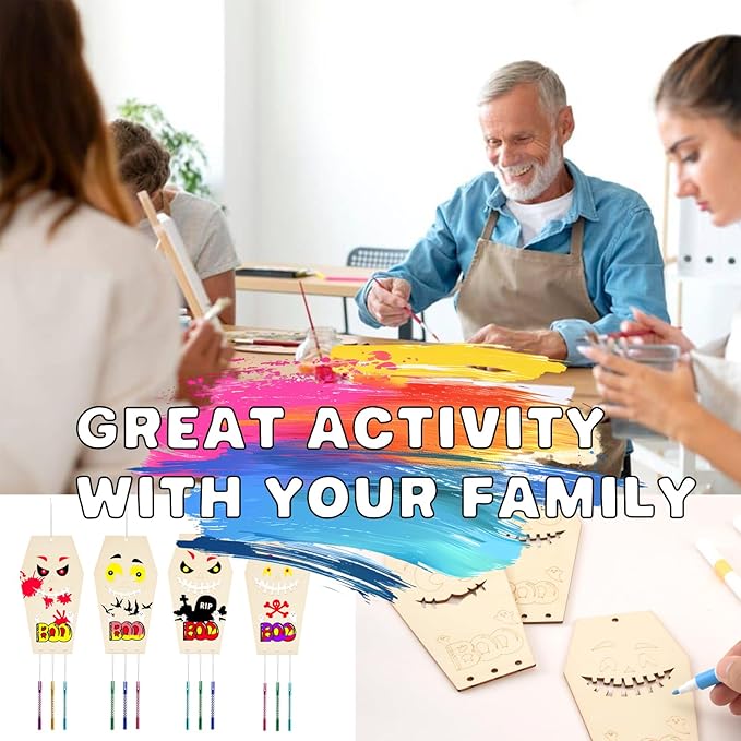 Wooden Coffins Wind Chime Ornaments Painting Craft,12PCS Unfinished Wood Hanging Decoration,6 Style Cutouts for Adults Olders to Paint DIY Tags Wedding Home Decors Hanging