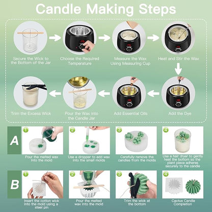 Candle Making Kit for Adults & Beginners - All-in-One DIY Candle Supplies with 1200g Natural Soy Wax, Hot Plate, 2 Succulent Molds, 8 Candle Jars, Gift Boxes & More | Perfect for Home Craft & Gifting