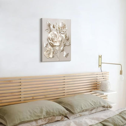 WENGTIAO Beige Flora Canvas Wall Art Neutral Roses Butterflies Wall Print Poster Modern Botanical Minimalist Blossom Painting Picture Elegant Flower Artwork for Living Room Bedroom Bathroom 16x24 inch