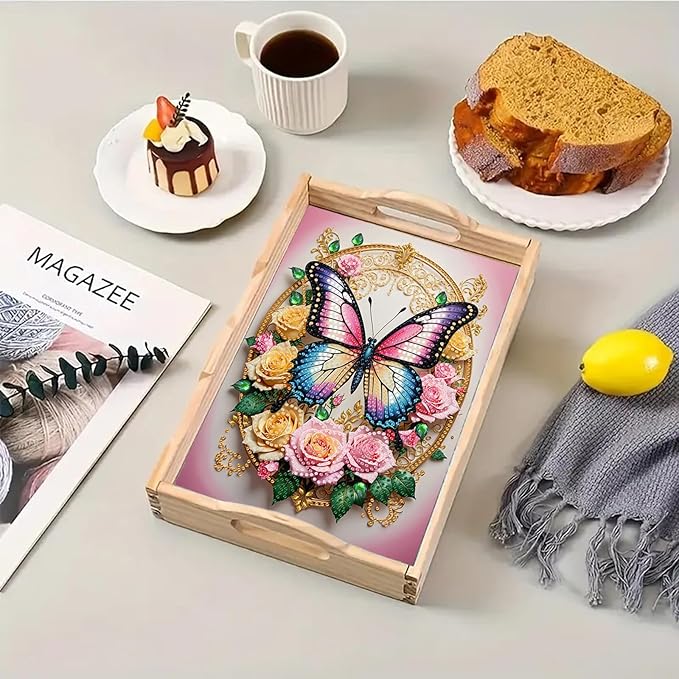 DoxQcs DIY Diamond Art Wooden Tray Kit Easter Food Tray with Handle Diamond Painted Table Decoration Tray for Breakfast Bar Dinner Table Diamond Art Painting for Beginners-#12-Rose Butterfly