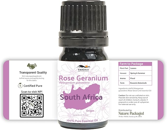 Nature Packaged Rose Geranium Essential Oil - Direct from Kwazulu Botanicals in South Africa- Organic Essential Oils for Body, Diffusers, or Aromatherapy | Pure Therapeutic Grade (5ml)
