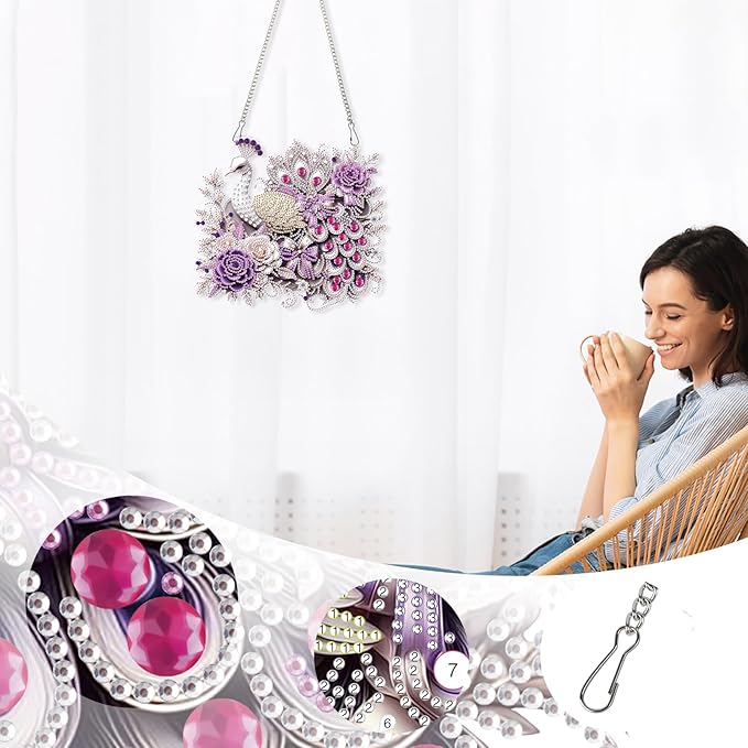 AiYuanzsh Diamond Painting Hanging Kit Peacock with Roses Design, Elegant Special Shaped Diamond Art Suncatcher for Adults DIY Wall Window Ornament Decoration