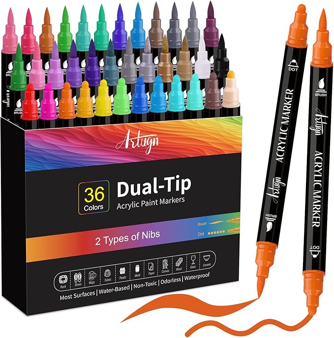 Artugn 36 Colors Acrylic Paint Pens, Dual Tip Pens With Medium Brush Tip, Paint Markers for Rock Painting, Ceramic, Wood, Plastic, Calligraphy, Scrapbooking, Brush Lettering, Card Making, DIY Crafts