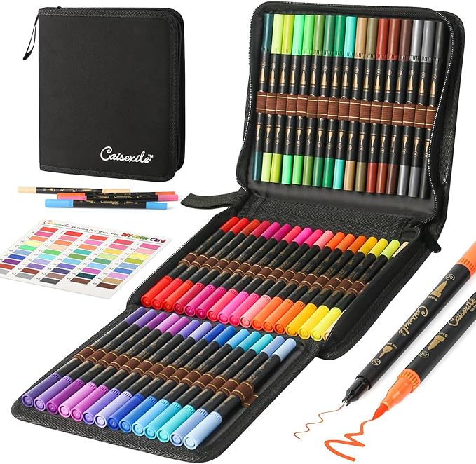 CAISEXILE 48 Color Duo Tip Pens Art Markers Set,96 Nibs Fine and Brush Tip for Adult Coloring Book Journaling Note Taking Lettering Calligraphy Drawing Pens Supplies