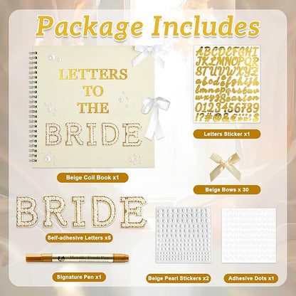 Oitnlaughter 539 Pcs Letters to The Bride Scrapbook Kit 8x8 Inch Wedding Bridal Memory Scrap Book Beige DIY Photo Album Guest Book with Pearl Stickers for Wedding Bridal Shower Anniversary