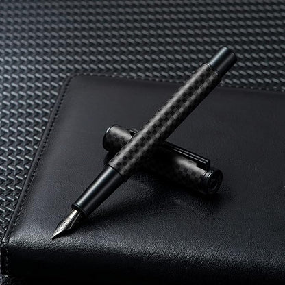 Hongdian 1861 Black Forest Carbon Fiber Fountain Pen, Long Blade Nib Modern Design Smooth Writing Pen with Converter and Metal Pen Case Set