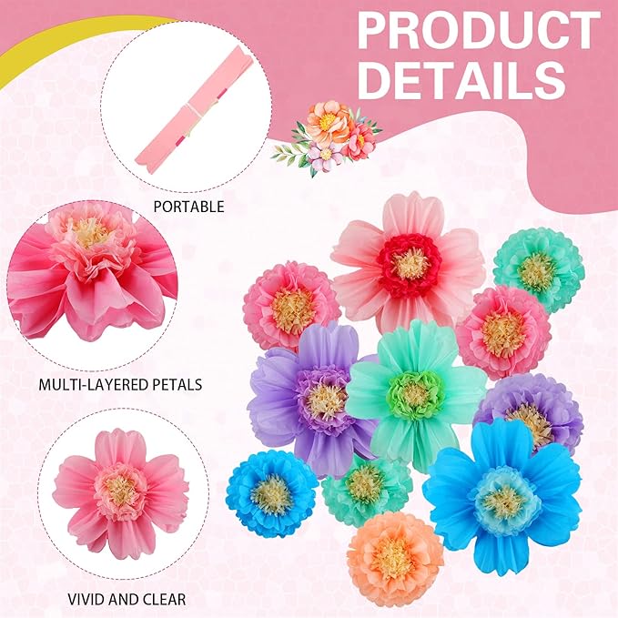Crowye 24 Pcs Large Colorful Tissue Paper Flowers Decorations 20" Giant Fiesta Craft Crepe Paper Flowers for Wall Decor Backdrop Mexican Wedding Birthday Carnival Party (Colorful)
