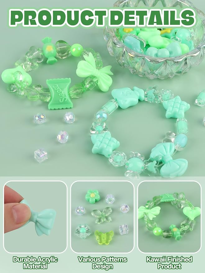 150PCS Acrylic Pastel Beads for Jewelry Making, Kalolary Colorful Bow Butterfly Flower Kawaii Plastic Candy Heart Cute Macaroon Aesthetic Beads for Bracelet Necklace DIY Supplies (Green)