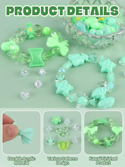 150PCS Acrylic Pastel Beads for Jewelry Making, Kalolary Colorful Bow Butterfly Flower Kawaii Plastic Candy Heart Cute Macaroon Aesthetic Beads for Bracelet Necklace DIY Supplies (Green)