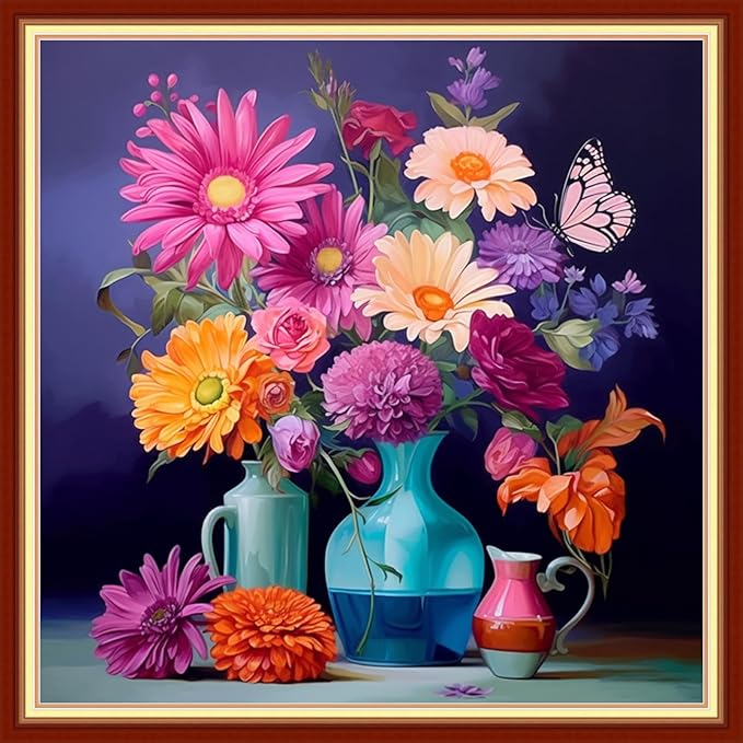 Foxdiviy Stamped Cross Stitch Kits Full Range of Embroidery Needlework Starter Kits for Beginners Adults 11CT Embroidery Patterns Art Crafts DIY Needlepoint Kits-Flower vase 18x18 inch