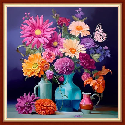 Foxdiviy Stamped Cross Stitch Kits Full Range of Embroidery Needlework Starter Kits for Beginners Adults 11CT Embroidery Patterns Art Crafts DIY Needlepoint Kits-Flower vase 18x18 inch