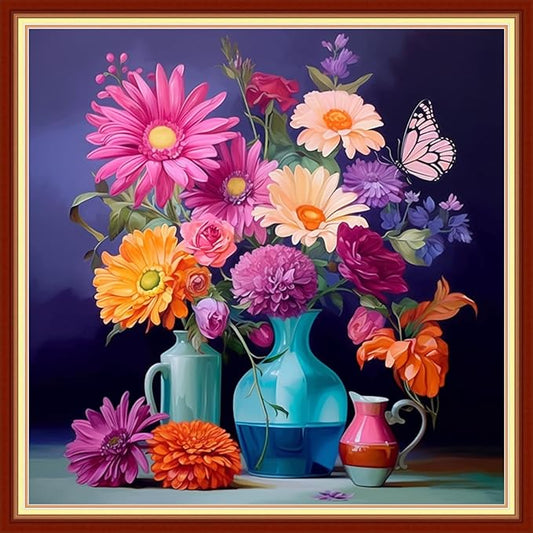 Foxdiviy Stamped Cross Stitch Kits Full Range of Embroidery Needlework Starter Kits for Beginners Adults 11CT Embroidery Patterns Art Crafts DIY Needlepoint Kits-Flower vase 18x18 inch