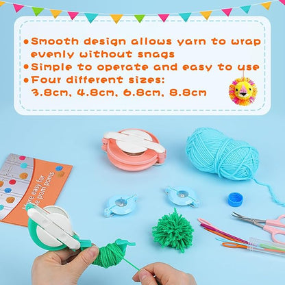 FTEVEN 27Pcs Pom Pom Maker, 4 Size Pompom Maker Kit for Fluff Ball Weave, Crochet Knitting with Scissor and Instruction for Adult DIY Decoration Yarn Knitting Project