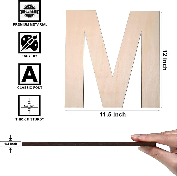 12 Inch Wooden Letter M, 1/4 Inch Thick Large Unfinished Wood Letter for DIY Crafts Home Wall Decor