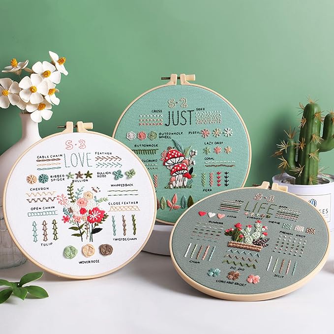 Ohcol 3 Sets Embroidery Kit for Beginners Adults,Easy to Learn 33 Different Stitches DIY Kits,Needlepoint Kits for Adult Hand Crafts Includes Stamped Flower Pattern,Instruction,Hoop,Threads,Tools