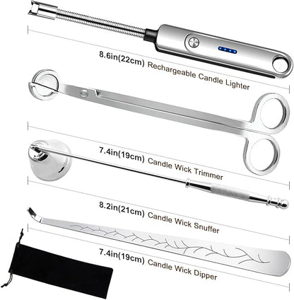 Lsnisni 4 in 1 Candle Accessory Set, Electric Lighter, Wick Cutter, Snuffer and Dipper, Steel Wick Trimmer Set - Silver