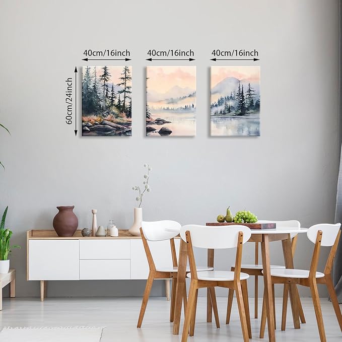 WENGTIAO 3 Pink Green Fog Forest Lake Canvas Wall art, Pine Watercolor Landscape Mural Sunset Misty Mountain Wall Pictures Posters Art Print for Living Room Bedroom Office Home Decor 12"x16"x3 Pcs