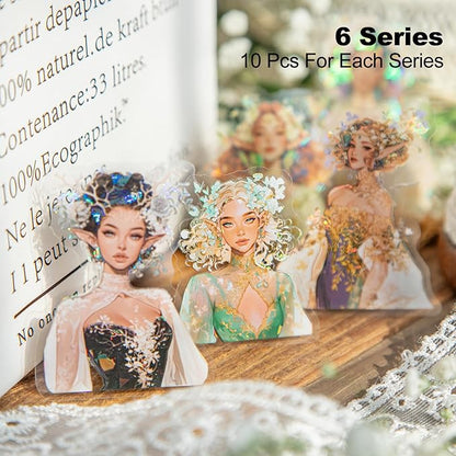 AuriicLeaf Spring Flower Girls PET Stickers Set, 60Pcs Fairy Character Stickers with Holographic Effect for Journaling, Scrapbooking, and DIY Crafts