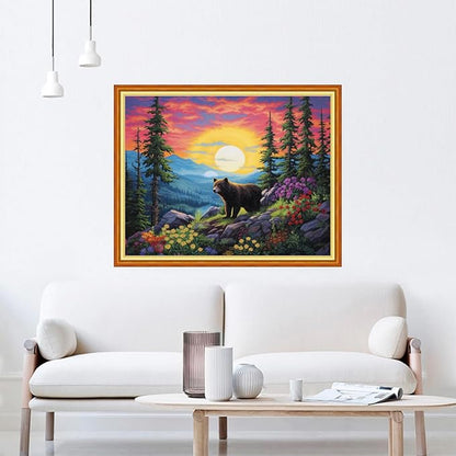 DMCVIVR Stamped Cross Stitch Kits for Beginners Adults Needlepoint Kits for Beginners Embroidery Kits for Adults Crossstitch Kit for Beginners 11CT-Sunrise Bear 16x20 inchs