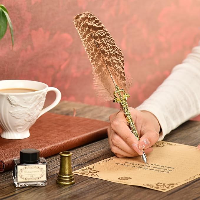 Hethrone Quill Pen Ink Set - Calligraphy Pens Includes Feather Pen, Pen Holder and 5 Replacement Nibs Holiday Ideal Gifts (Brown)