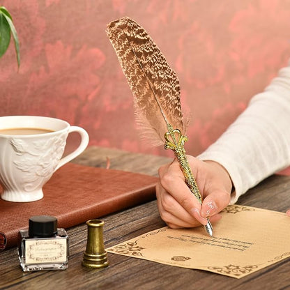 Hethrone Quill Pen Ink Set - Calligraphy Pens Includes Feather Pen, Pen Holder and 5 Replacement Nibs Holiday Ideal Gifts (Brown)